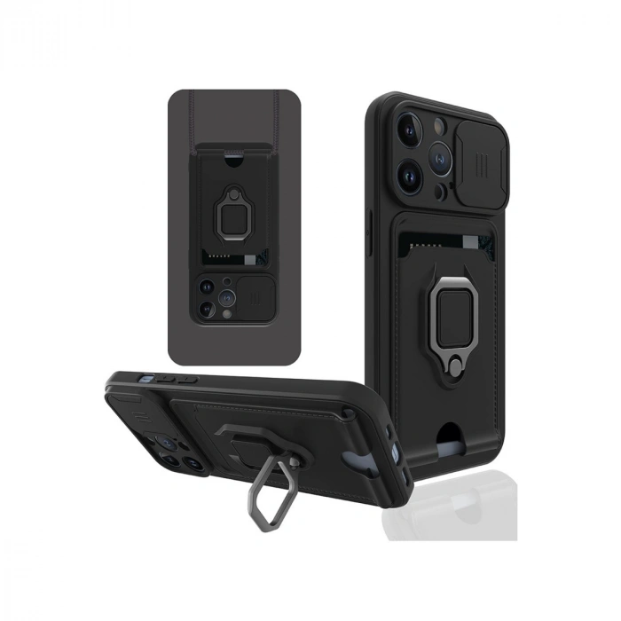 Newface iPhone 14 Pro Kılıf Zuma Kartvizitli Yüzüklü Silikon - Siyah