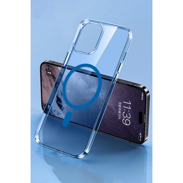 Newface iPhone 14 Pro Max Kılıf Tron Şeffaf Magsafe Kapak - Mavi