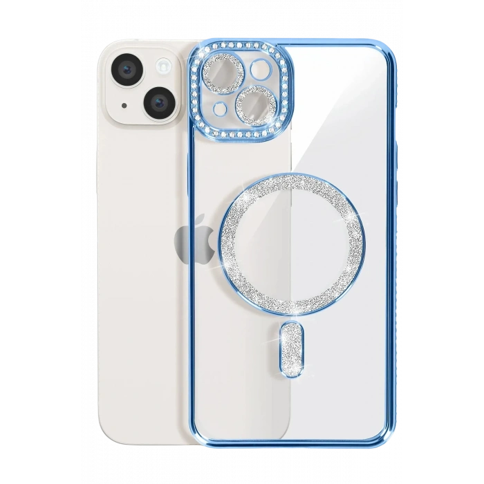 Newface iPhone 15 Kılıf Joke Simli Magneticsafe Kılıf - Mavi
