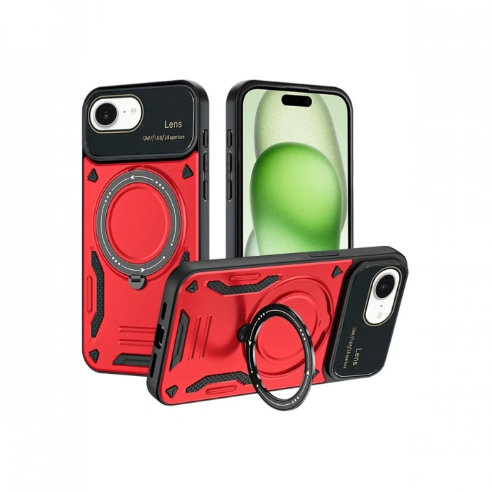 Newface iPhone 16E Kılıf Joy Lens Standlı Kapak - Kırmızı