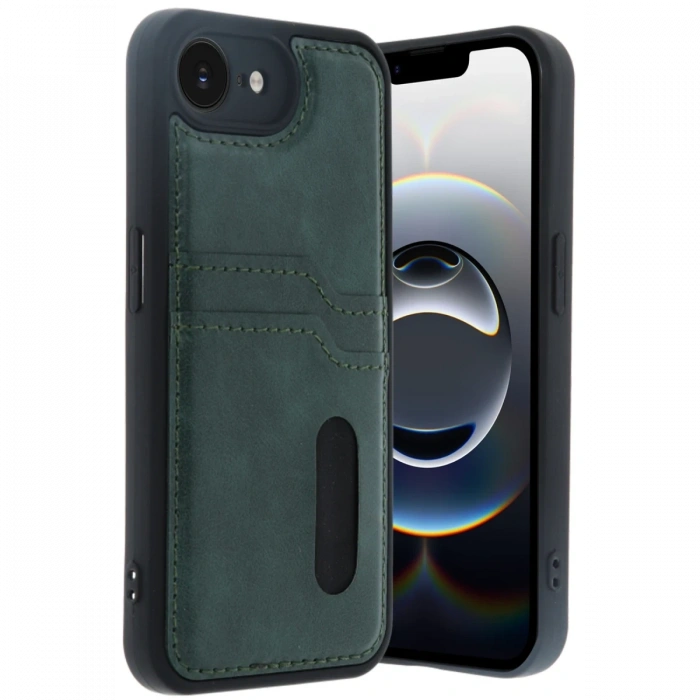 Newface iPhone 16E Kılıf Sara Kartvizitli Deri Kılıf - Koyu Yeşil