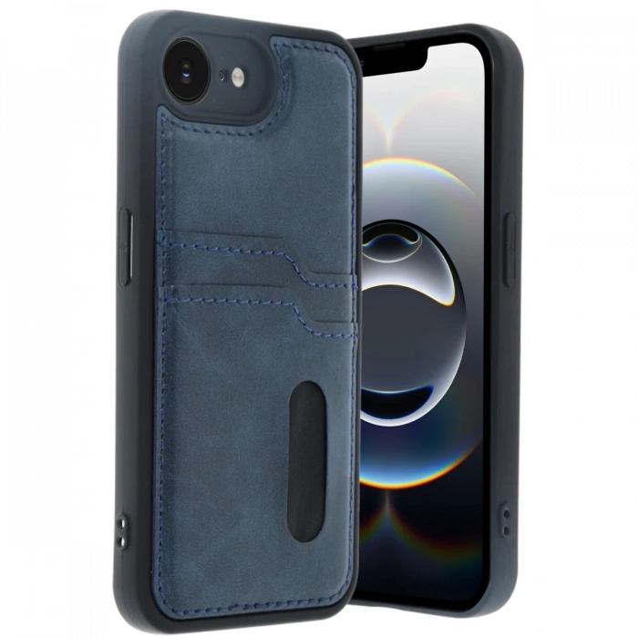 Newface iPhone 16E Kılıf Sara Kartvizitli Deri Kılıf - Lacivert