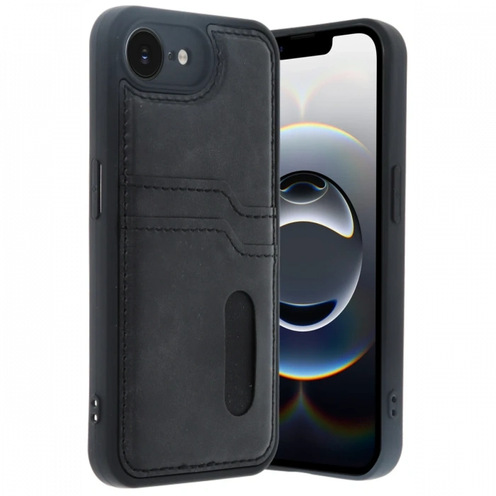 Newface iPhone 16E Kılıf Sara Kartvizitli Deri Kılıf - Siyah