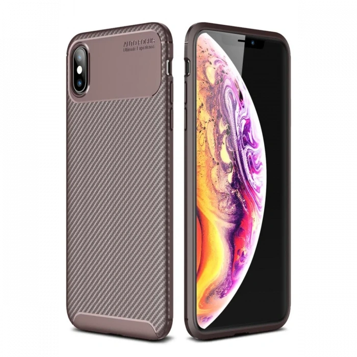 Newface iPhone XS Max Kılıf Auto Focus Karbon Kapak - Kahverengi