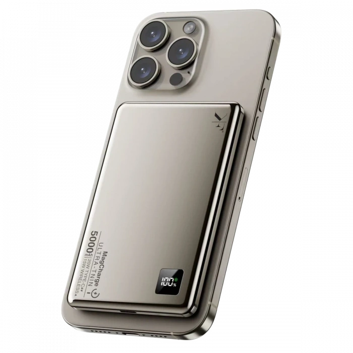 Newface PW555 5.000 mAh Dijital Göstergeli 18W Type-C ve 15W Kablosuz Şarj PD Hızlı Şarj Magsafe Powerbank - Titanyum