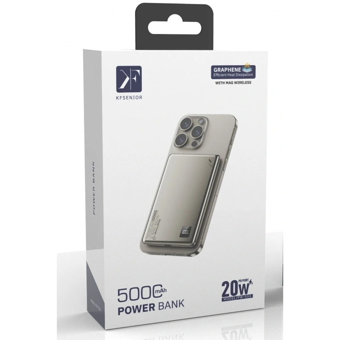 Newface PW555 5.000 mAh Dijital Göstergeli 18W Type-C ve 15W Kablosuz Şarj PD Hızlı Şarj Magsafe Powerbank - Titanyum