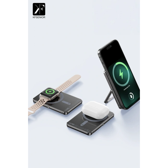 Newface PW580 5.000 mAh 20W Type-C 15W Kablosuz Şarj 3W Saat Şarj ve 5W Kulaklık Şarj Destekli PD Hızlı Şarj Magsafe Powerbank - Titanyum