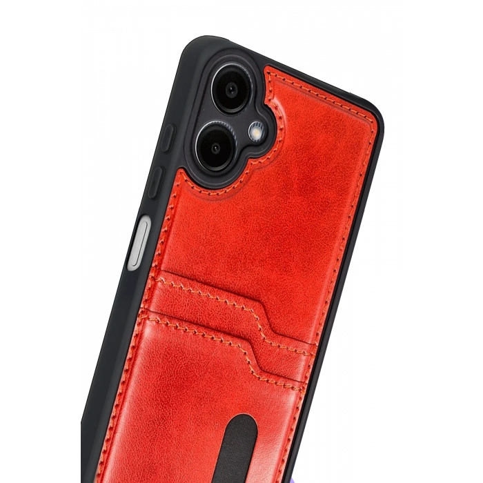 Newface Samsung Galaxy A07 4G Sara Kartvizitli Deri Kılıf - Kırmızı