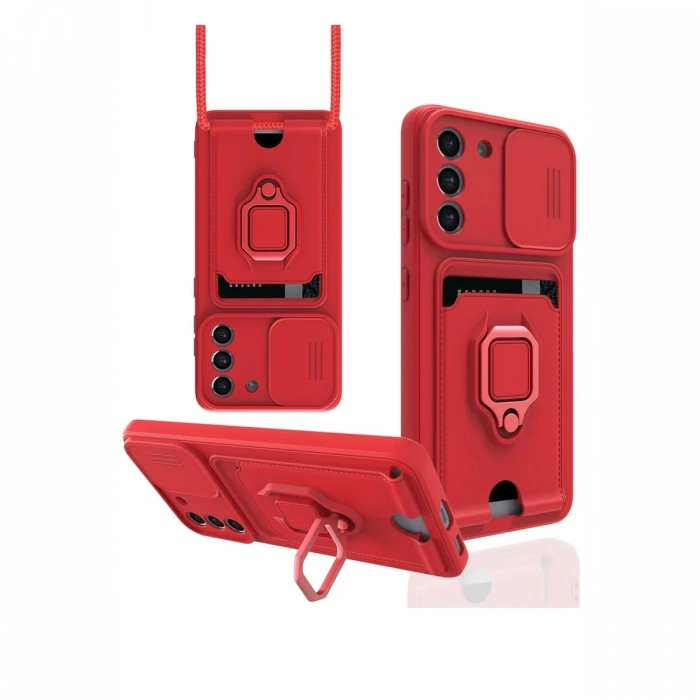 Newface Samsung Galaxy S21 FE Kılıf Zuma Kartvizitli Yüzüklü Silikon - Kırmızı