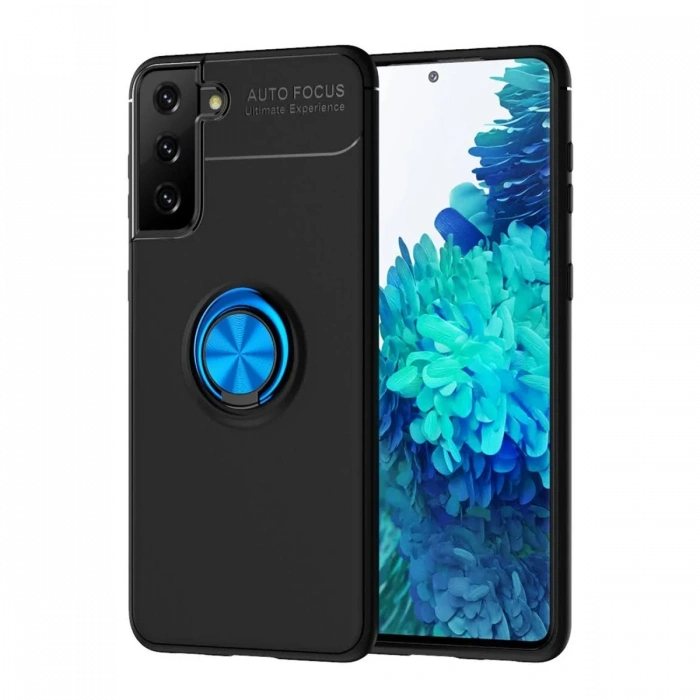 Newface Samsung Galaxy S21 Plus Kılıf Range Yüzüklü Silikon - Siyah-Mavi