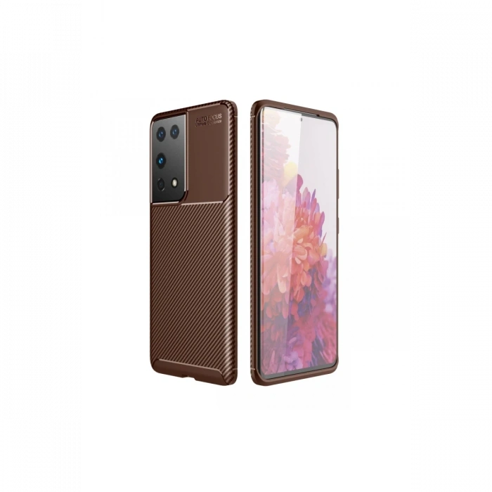Newface Samsung Galaxy S21 Ultra Kılıf Auto Focus Karbon Kapak - Kahverengi