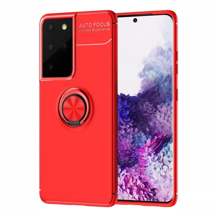 Newface Samsung Galaxy S21 Ultra Kılıf Range Yüzüklü Silikon - Kırmızı