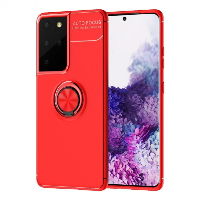 Newface Samsung Galaxy S21 Ultra Kılıf Range Yüzüklü Silikon - Kırmızı