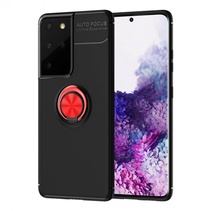 Newface Samsung Galaxy S21 Ultra Kılıf Range Yüzüklü Silikon - Siyah-Kırmızı