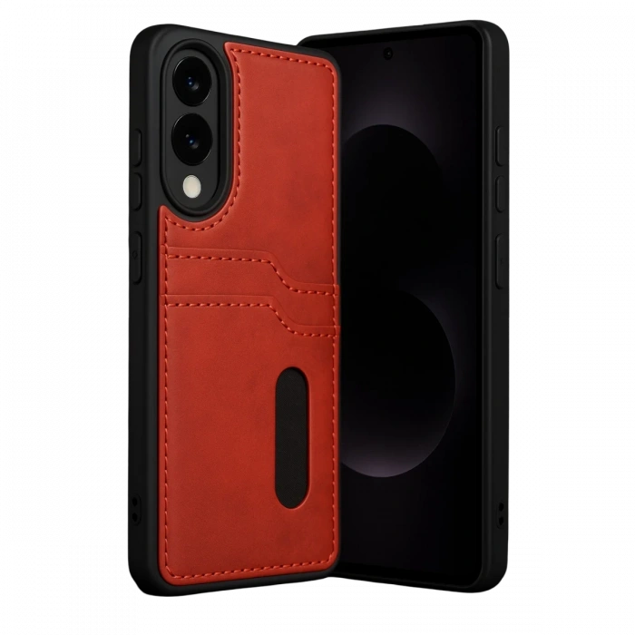 Newface Samsung Galaxy S25 Edge Sara Kartvizitli Deri Kılıf - Kırmızı