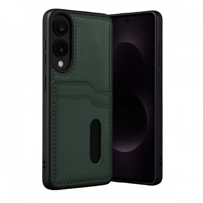Newface Samsung Galaxy S25 Edge Sara Kartvizitli Deri Kılıf - Koyu Yeşil