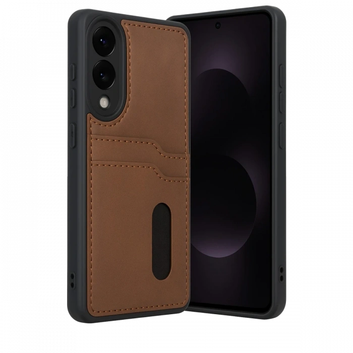 Newface Samsung Galaxy S25 Edge Sara Kartvizitli Deri Kılıf - Taba