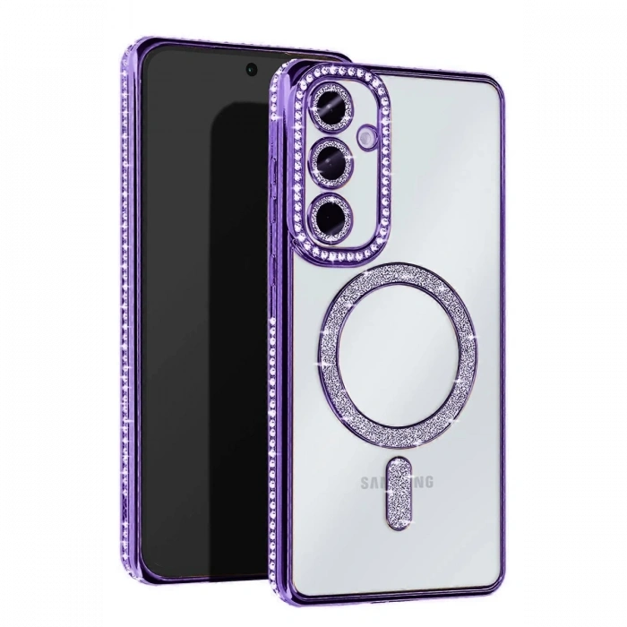 Newface Samsung Galaxy S25 Kılıf Joke Simli Magneticsafe Kılıf - Derin Mor