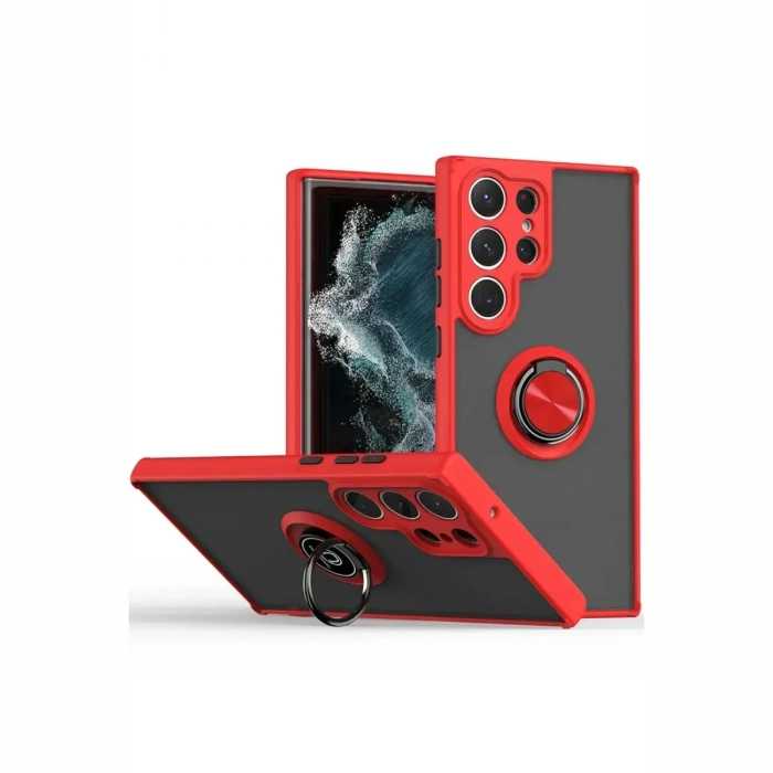 Newface Samsung Galaxy S25 Ultra Kılıf Montreal Yüzüklü Silikon Kapak - Kırmızı