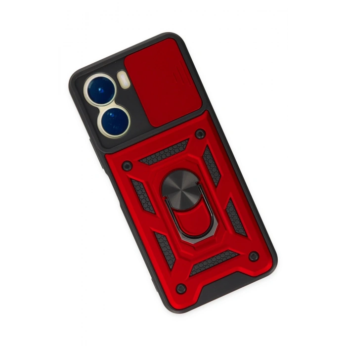 Newface Vivo Y16 Kılıf Pars Lens Yüzüklü Silikon - Kırmızı