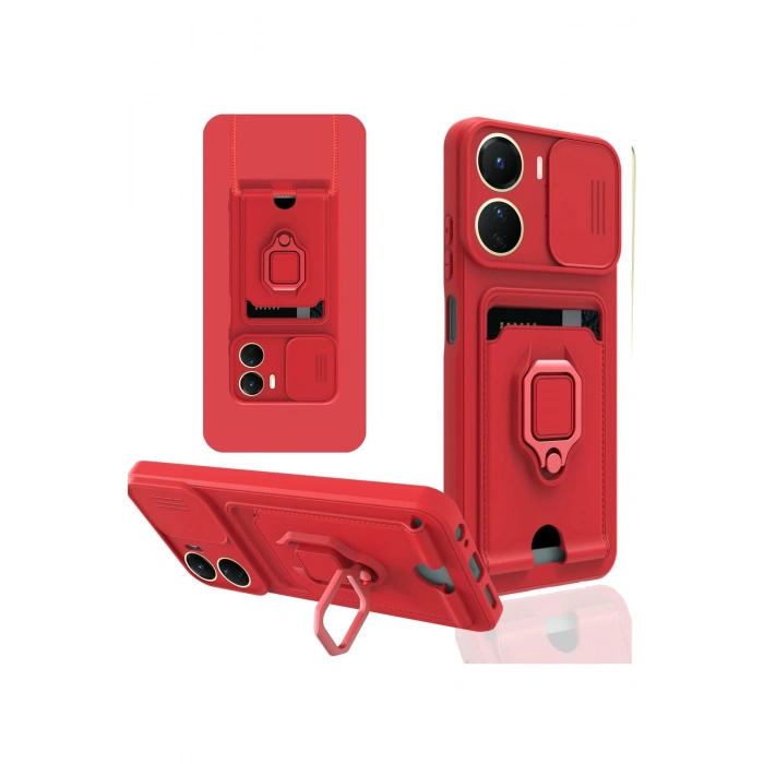 Newface Vivo Y16 Kılıf Zuma Kartvizitli Yüzüklü Silikon - Kırmızı