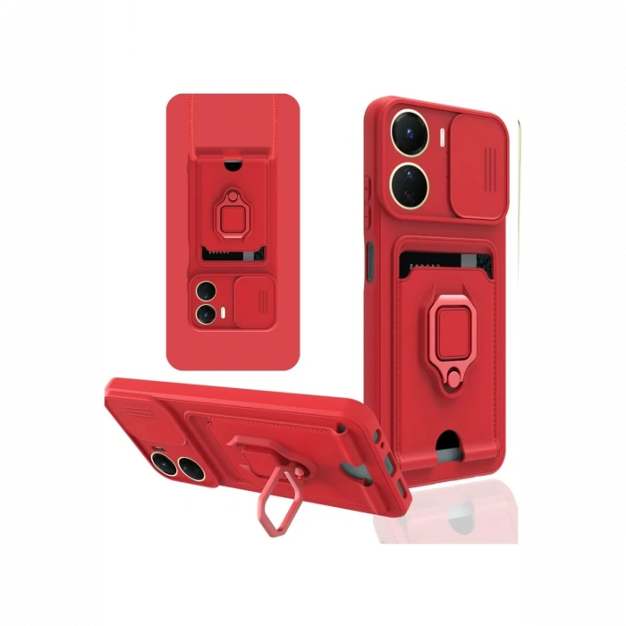 Newface Vivo Y16 Kılıf Zuma Kartvizitli Yüzüklü Silikon - Kırmızı