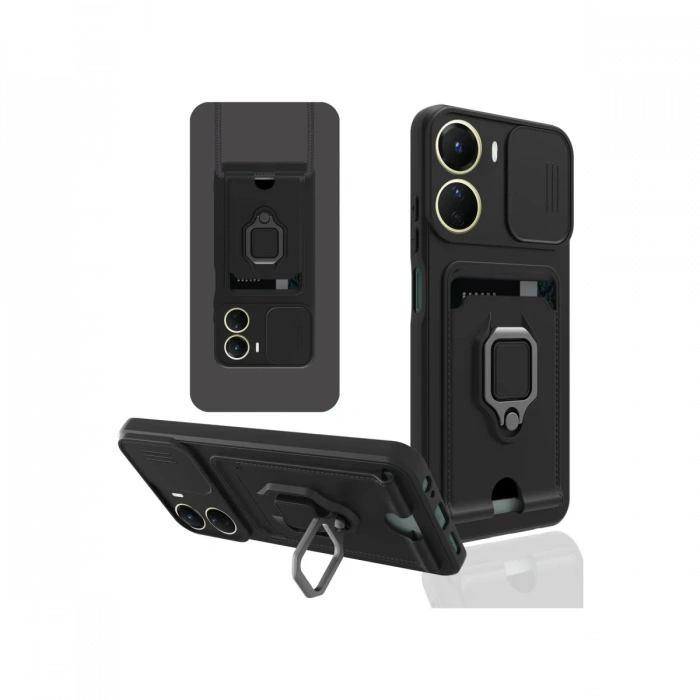 Newface Vivo Y16 Kılıf Zuma Kartvizitli Yüzüklü Silikon - Siyah