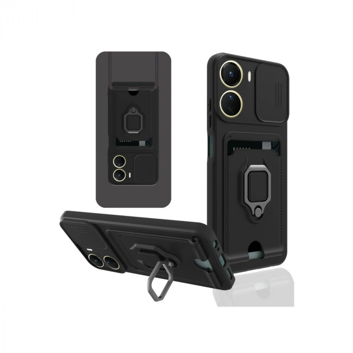 Newface Vivo Y16 Kılıf Zuma Kartvizitli Yüzüklü Silikon - Siyah