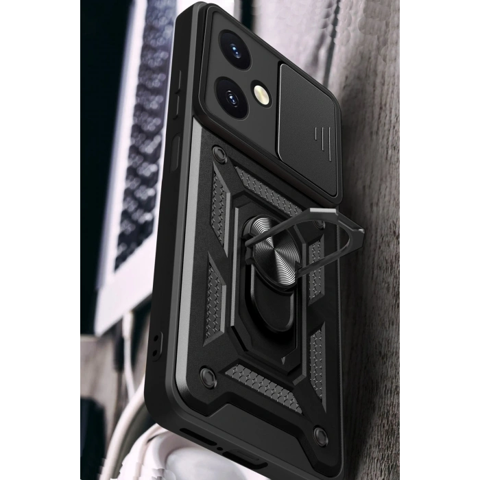 Newface Vivo Y27 Kılıf Pars Lens Yüzüklü Silikon - Siyah