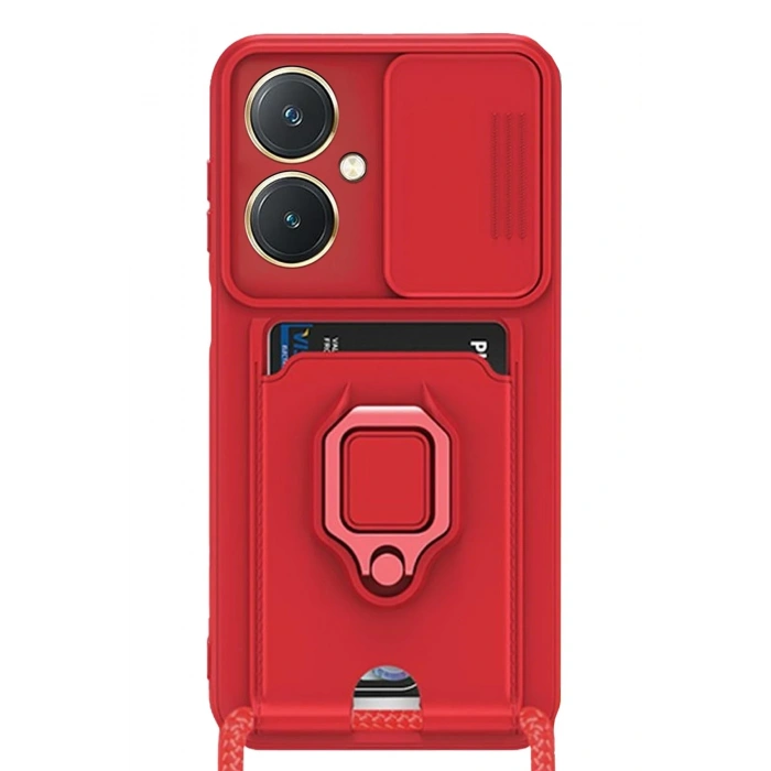 Newface Vivo Y27 Kılıf Zuma Kartvizitli Yüzüklü Silikon - Kırmızı