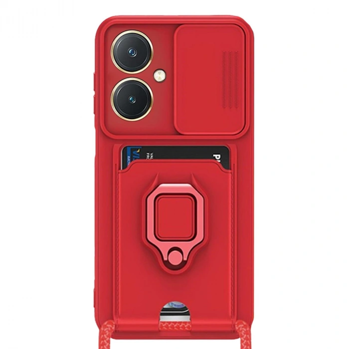 Newface Vivo Y27 Kılıf Zuma Kartvizitli Yüzüklü Silikon - Kırmızı