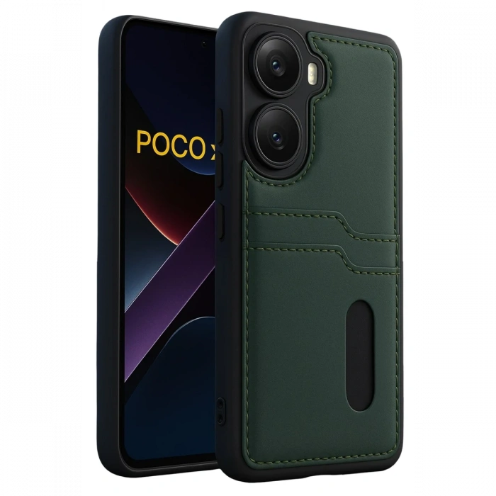 Newface Xiaomi Poco X7 Pro Kılıf Sara Kartvizitli Deri Kılıf - Koyu Yeşil