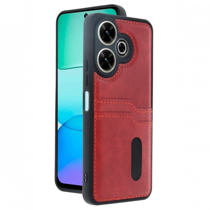 Newface Xiaomi Redmi 13 4G Kılıf Sara Kartvizitli Deri Kılıf - Kırmızı