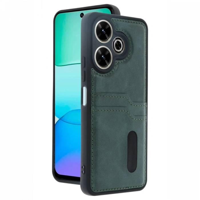 Newface Xiaomi Redmi 13 4G Kılıf Sara Kartvizitli Deri Kılıf - Koyu Yeşil