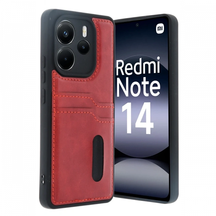 Newface Xiaomi Redmi Note 14 4G Kılıf Sara Kartvizitli Deri Kılıf - Kırmızı