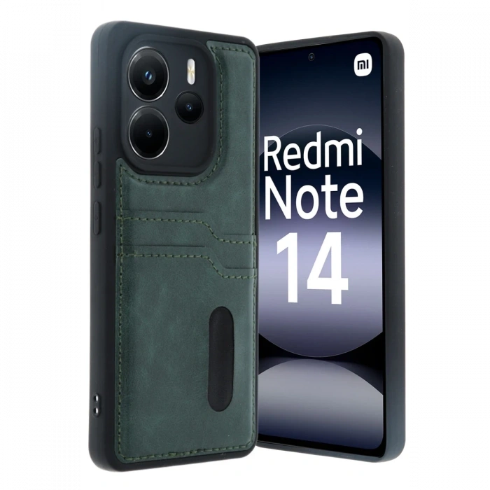 Newface Xiaomi Redmi Note 14 4G Kılıf Sara Kartvizitli Deri Kılıf - Koyu Yeşil