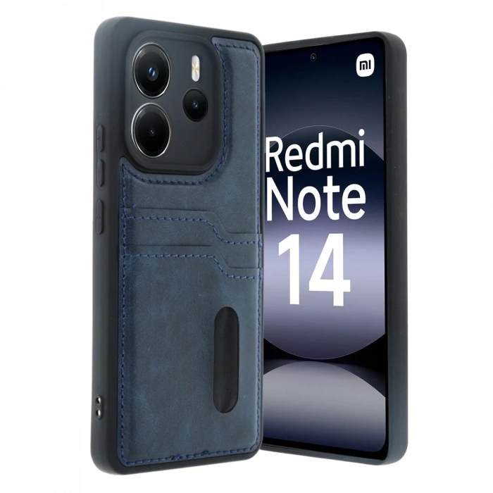Newface Xiaomi Redmi Note 14 4G Kılıf Sara Kartvizitli Deri Kılıf - Lacivert