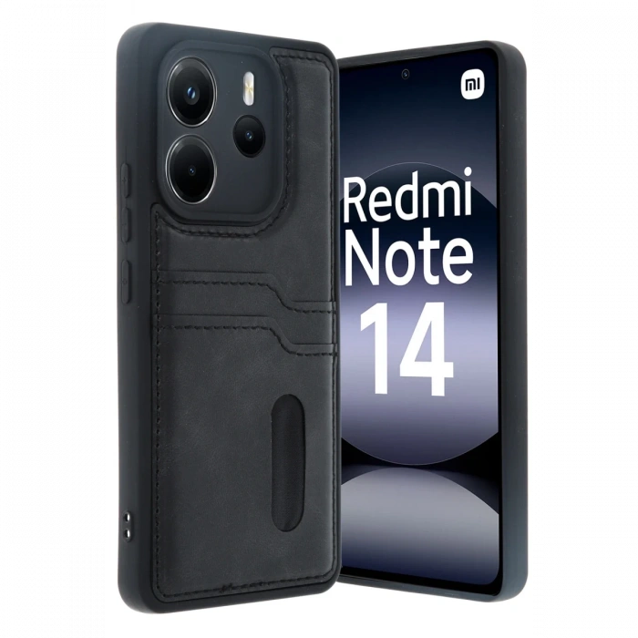 Newface Xiaomi Redmi Note 14 4G Kılıf Sara Kartvizitli Deri Kılıf - Siyah