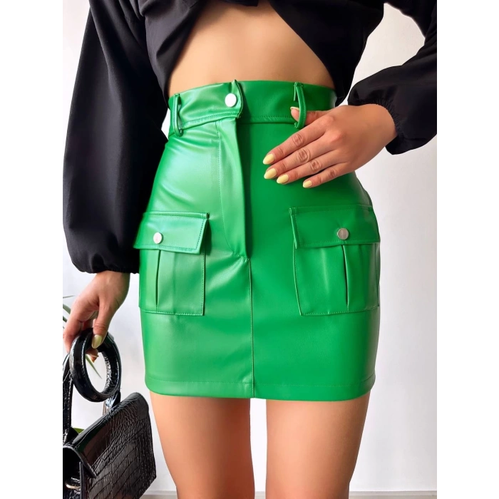 Önden iki cepli deri etek yeşil h240040