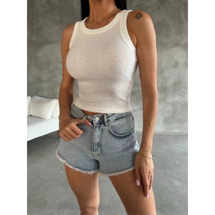 Önü taşlı atlet beyaz s081