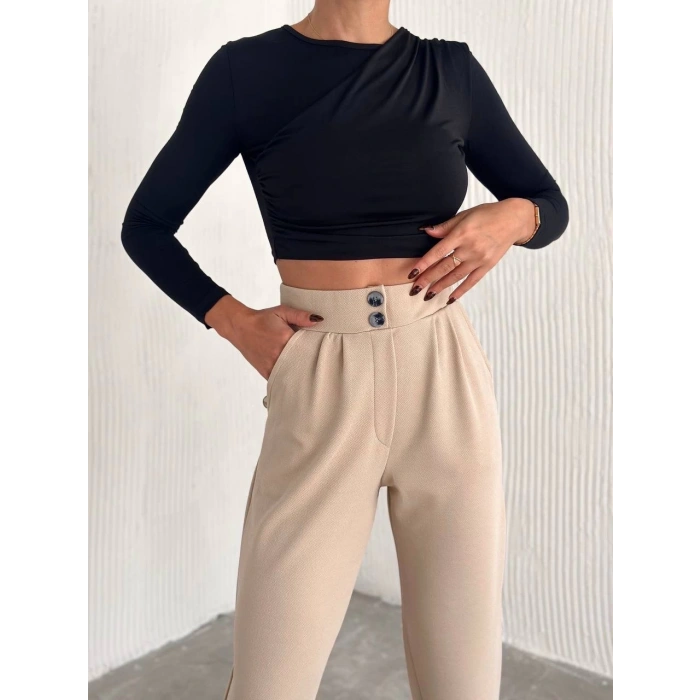 örme krep pantolon çift düğmeli