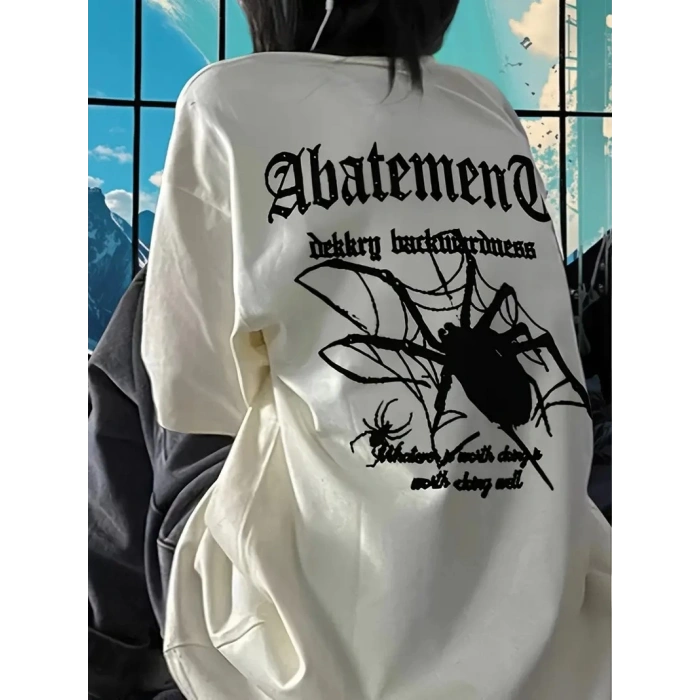 ÖRÜMCEK AĞI DESENLİ BASKILI OVERSİZE BİSİKLET YAKA T-SHİRT  - BEYAZ