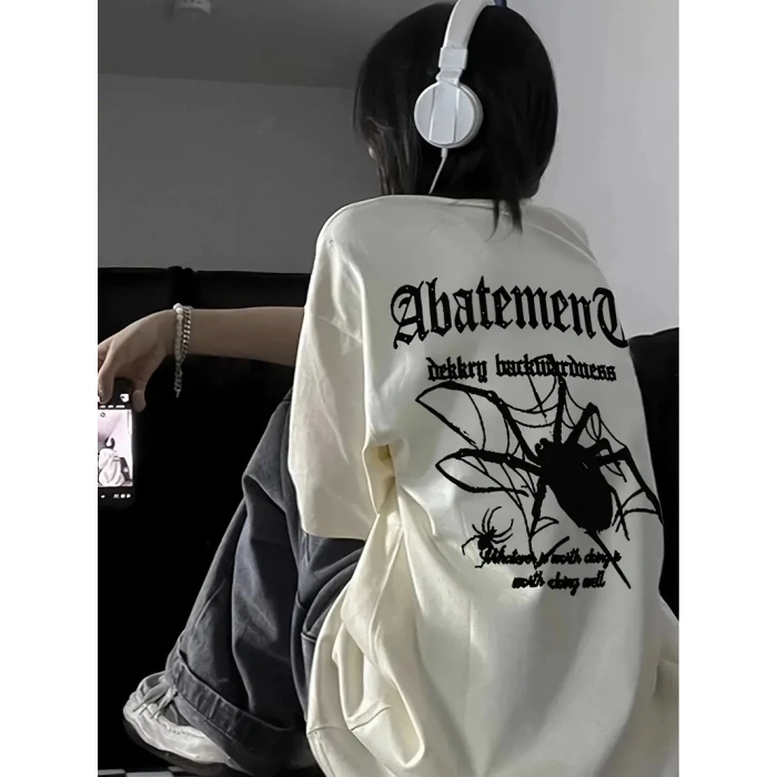 ÖRÜMCEK AĞI DESENLİ BASKILI OVERSİZE BİSİKLET YAKA T-SHİRT  - BEYAZ