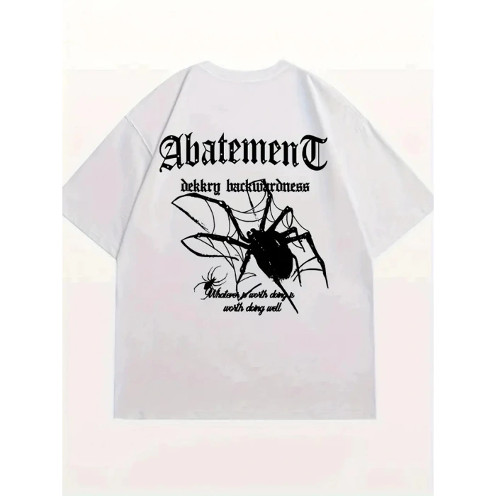 ÖRÜMCEK AĞI DESENLİ BASKILI OVERSİZE BİSİKLET YAKA T-SHİRT  - BEYAZ