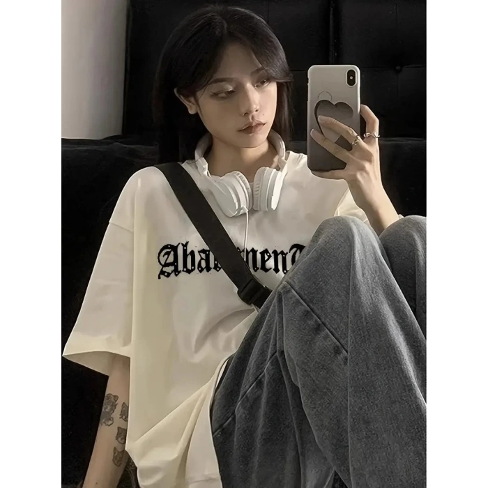 ÖRÜMCEK AĞI DESENLİ BASKILI OVERSİZE BİSİKLET YAKA T-SHİRT  - BEYAZ