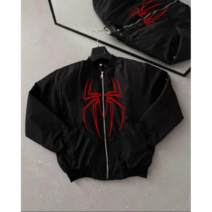 ÖRÜMCEK DESENLİ SİYAH BOMBER MONT – UNİSEX KULLANIMA UYGUN, FERMUARLI CEPLİ, KAPİTONE ASTARLI, BAHAR KIŞ GÜNLÜK GİYİM İÇİN MODA CEKET MODELİ - SİYAH