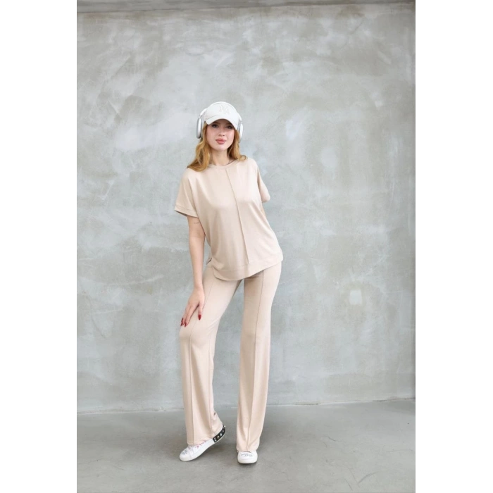 OSY MODAL YUMUŞAK DOKULU KUMAŞ BİSİKLET YAKA KISA KOLLU TAKIM - BEJ