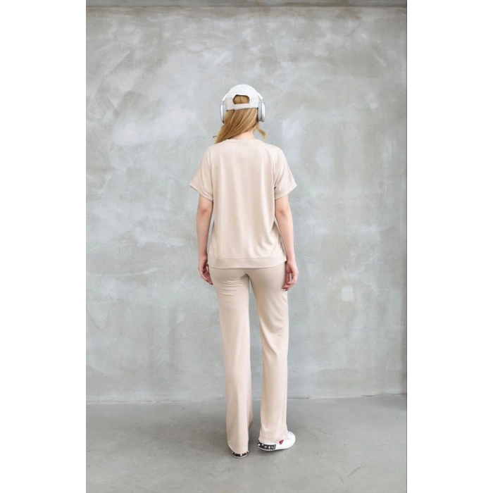 OSY MODAL YUMUŞAK DOKULU KUMAŞ BİSİKLET YAKA KISA KOLLU TAKIM - BEJ