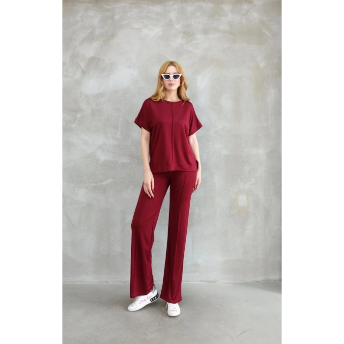 OSY MODAL YUMUŞAK DOKULU KUMAŞ BİSİKLET YAKA KISA KOLLU TAKIM - BORDO