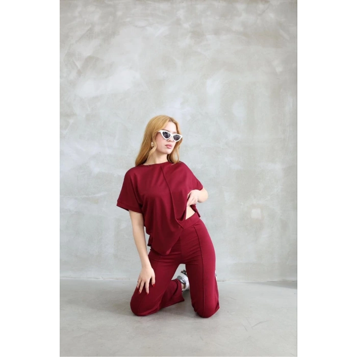 OSY MODAL YUMUŞAK DOKULU KUMAŞ BİSİKLET YAKA KISA KOLLU TAKIM - BORDO